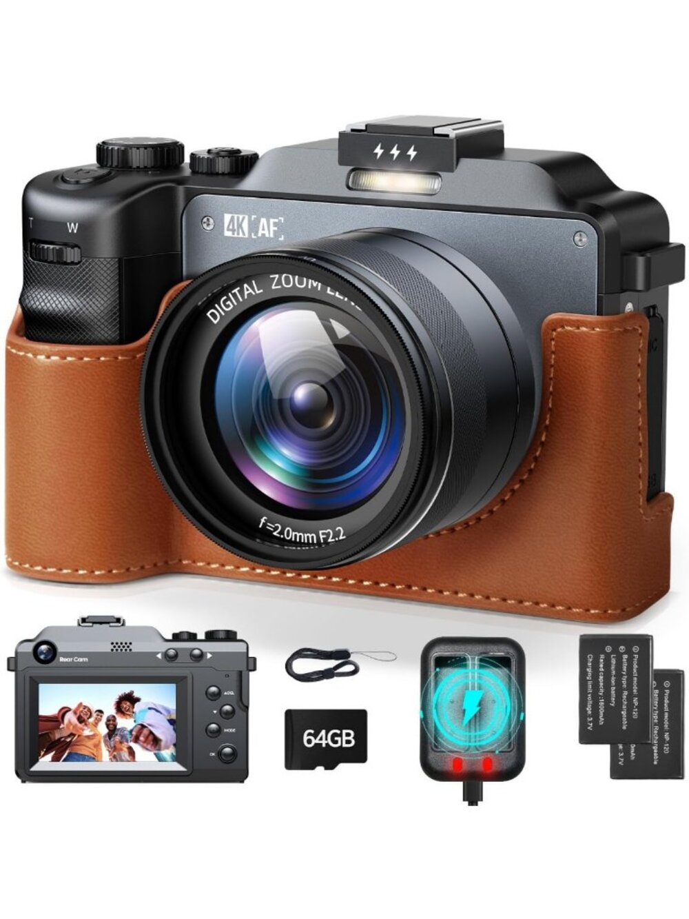 64MP 4K Digital Camera for Photography & Vlogging, Dual Lens, 18X Zoom, Compact